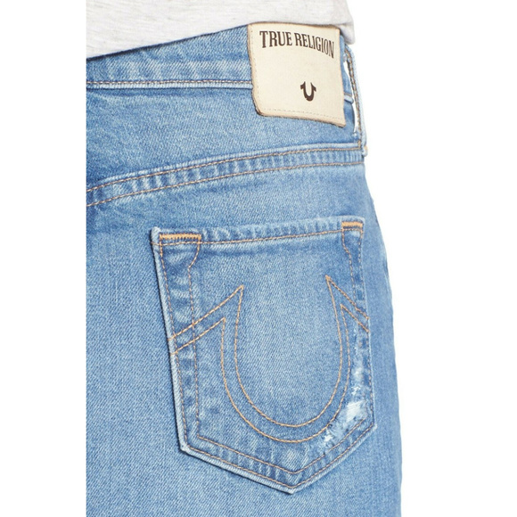 True Religion Women's Button Pencil Distressed Destroyed Denim Jean Skirt w/ Rip - Picture 4 of 4